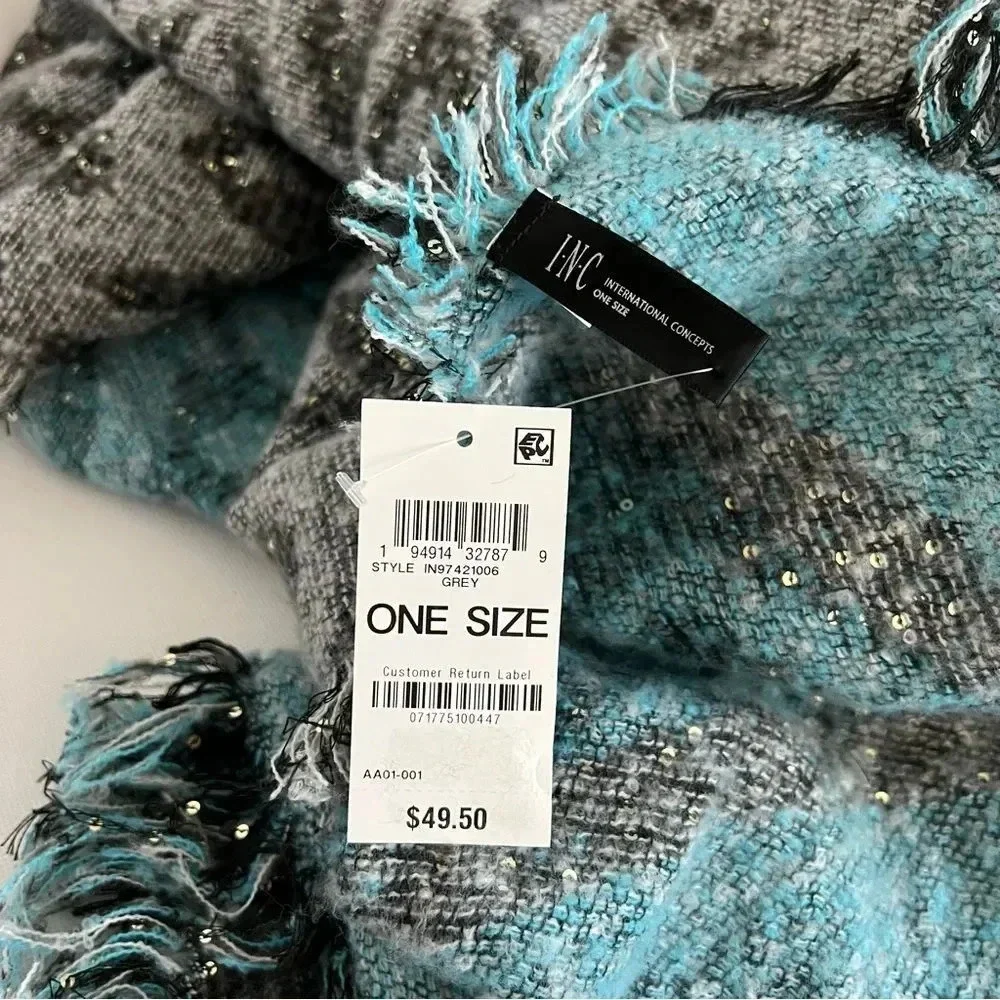 INC International Concepts Leopard Print Sequin Wrap Scarf Gray Black Blue